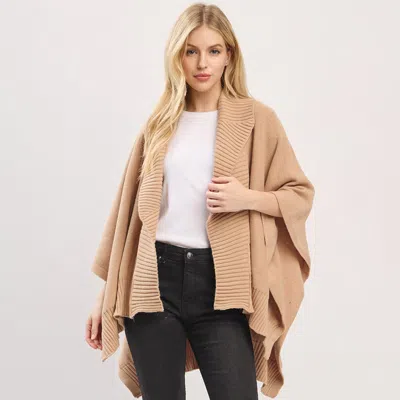 Fashnzfab Ribbed Trim Open Front Soft Knit Shawl Cape Poncho In Gray
