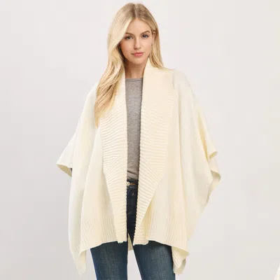 Fashnzfab Ribbed Trim Open Front Soft Knit Shawl Cape Poncho In Neutral