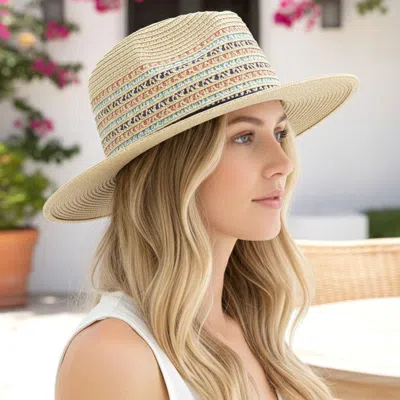 Fashnzfab Ribbon Band Multicolor Woven Straw Summer Fedora Hat In Sand