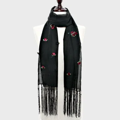 Fashnzfab Ribbon Flower Accented Scarf In Black