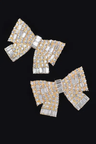 Fashnzfab Ribbon Shape Rhinestone Earrings In Gold