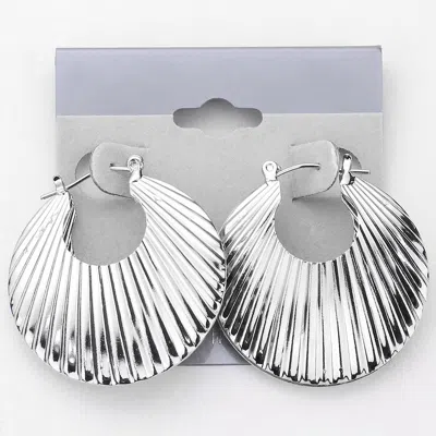 Fashnzfab Ridged Metal Round Pin Catch Hoop Earrings - Rhodium In Silver