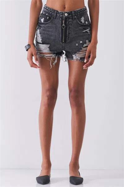 Fashnzfab Ripped High-waist Front Zip-up Raw Hem Detail Distressed Mini Shorts In Black