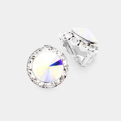 Fashnzfab Rivoli Cut Genuine Crystal Clip On Earrings - Ab, Silver In Metallic