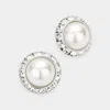 Fashnzfab Rivoli Cut Genuine Crystal Pearl Round Stud Earrings - Cream In Silver