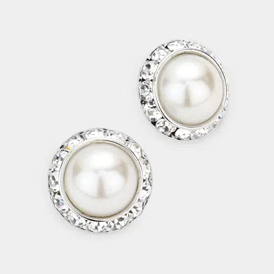 Fashnzfab Rivoli Cut Genuine Crystal Pearl Round Stud Earrings - Cream In Silver