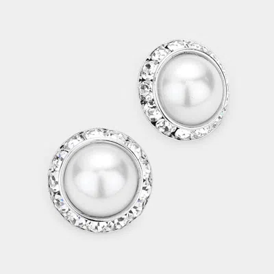 Fashnzfab Rivoli Cut Genuine Crystal Pearl Round Stud Earrings In White