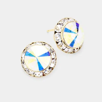 Fashnzfab Rivoli Cut Genuine Crystal Round Stud Earrings - Ab, Gold In Multi