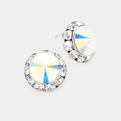 FASHNZFAB RIVOLI CUT GENUINE CRYSTAL ROUND STUD EARRINGS - AB, SILVER