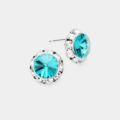 Fashnzfab Rivoli Cut Genuine Crystal Round Stud Earrings - Blue Zircon In Silver