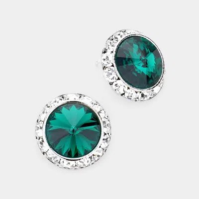 Fashnzfab Rivoli Cut Genuine Crystal Round Stud Earrings - Emerald In Metallic