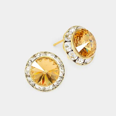 Fashnzfab Rivoli Cut Genuine Crystal Round Stud Earrings - Gold, Lt Col Topaz