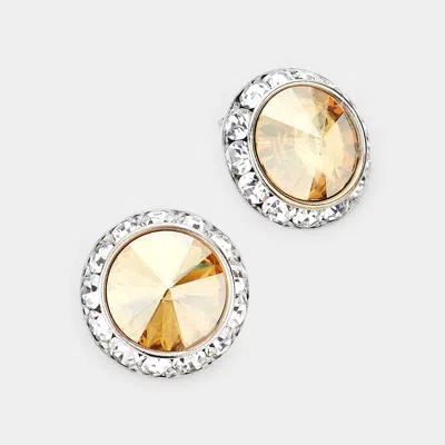 Fashnzfab Rivoli Cut Genuine Crystal Round Stud Earrings - Light, Topaz In Gold