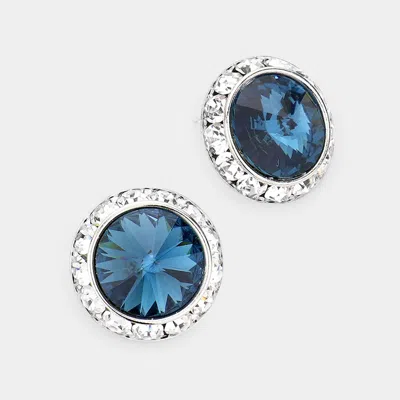Fashnzfab Rivoli Cut Genuine Crystal Round Stud Earrings - Montana Blue