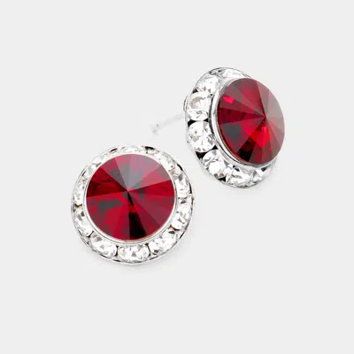 Fashnzfab Rivoli Cut Genuine Crystal Round Stud Earrings - Siam In Red