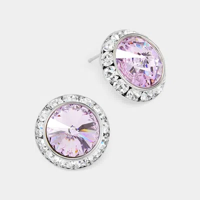 Fashnzfab Rivoli Cut Genuine Crystal Round Stud Earrings - Violet In Silver