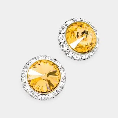 FASHNZFAB RIVOLI CUT GENUINE CRYSTAL ROUND STUD EARRINGS - YELLOW