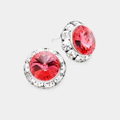 Fashnzfab Rivoli Cut Genuine Crystal Round Stud Earrings - Dark, Pink