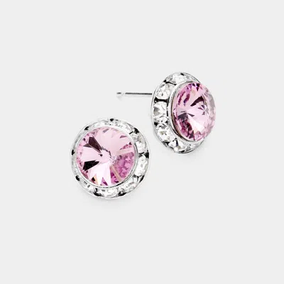 Fashnzfab Rivoli Cut Genuine Crystal Round Stud Earrings In Pink