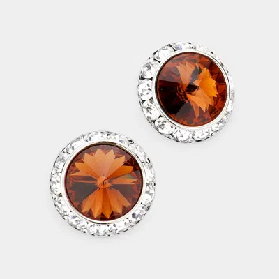 Fashnzfab Rivoli Cut Genuine Crystal Round Stud Earrings - Smoked Topaz In Red