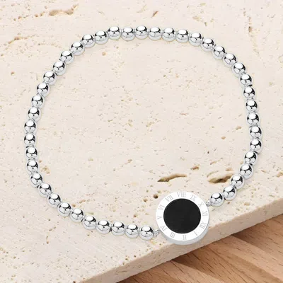 Fashnzfab Roman Numeral Round Disc Pointed Stainless Steel Ball Beaded Stretch Bracelet Black, Silver In Multi