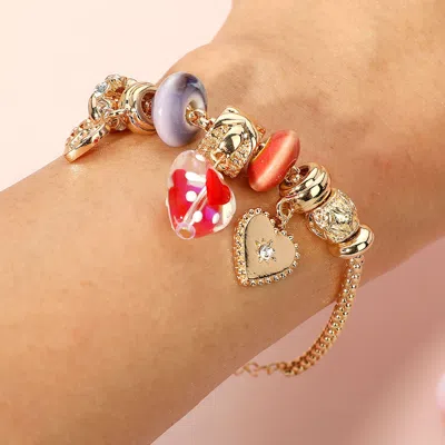 Fashnzfab Romantic Triple Heart Charm Multi Bead Bracelet Gold, Red