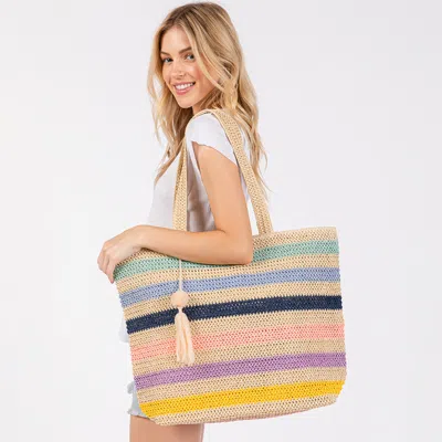 Fashnzfab Rope Handle Multi Color Striped Straw Crochet Pouch Bag In Blue