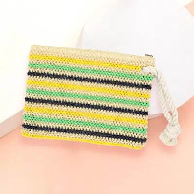 Fashnzfab Rope Handle Multi Color Striped Straw Crochet Pouch Bag In Green