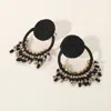 Fashnzfab Rope Wrapped Beaded Fringe Open Circle Earrings - Black In Black
