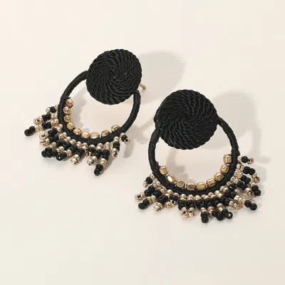 Fashnzfab Rope Wrapped Beaded Fringe Open Circle Earrings - Black