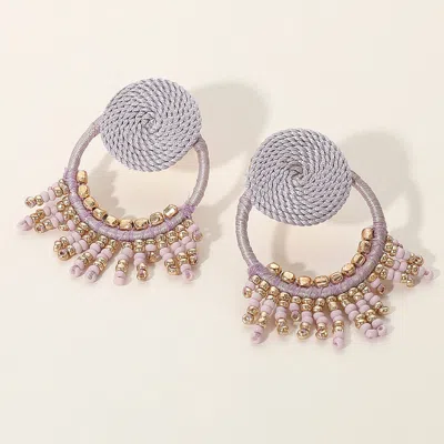 Fashnzfab Rope Wrapped Beaded Fringe Open Circle Earrings - Lavender In Gold