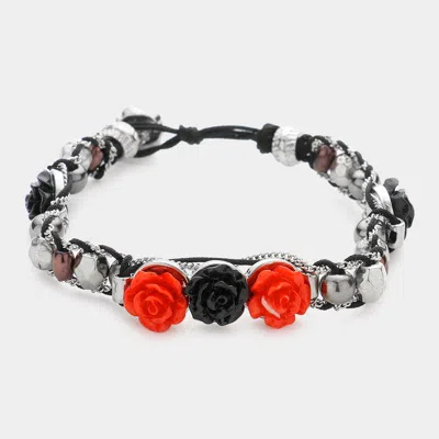 Fashnzfab Rose Cluster Metal Bead Bracelet Red