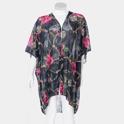 Fashnzfab Rose Flower Chain Print Cover Up Poncho In Blue