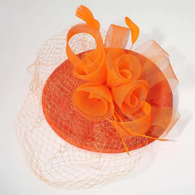 Fashnzfab Rosette Feather Mesh Fascinator / Headband In Orange