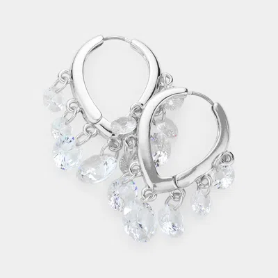 Fashnzfab Round Clear Stone Link Huggie Earrings - Rhodium In Silver