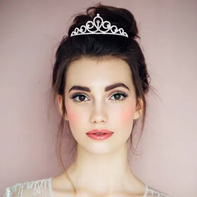 Fashnzfab Round Crystal Accent Rhinestone Paved Princess Tiara In Metallic