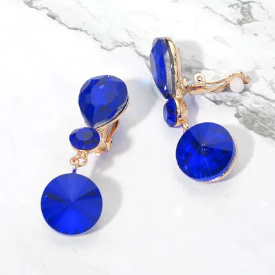 Fashnzfab Round Crystal Drop Evening Clip On Earrings In Blue