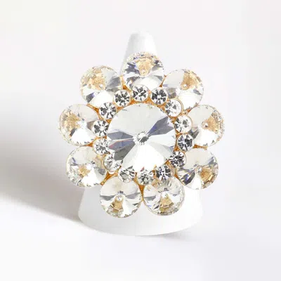 Fashnzfab Round Crystal Flower Stretch Ring In Gold