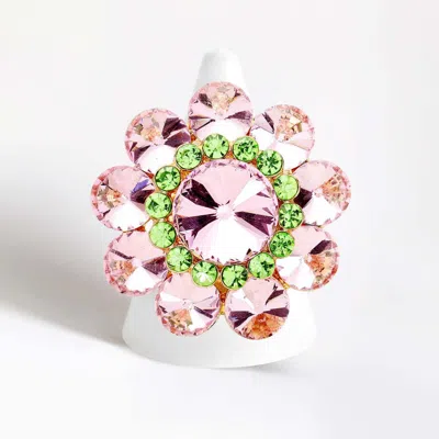 Fashnzfab Round Crystal Flower Stretch Ring In Green