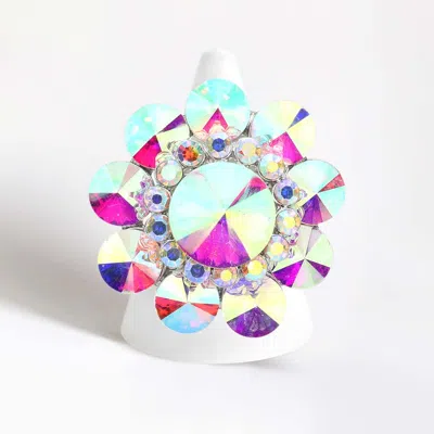 Fashnzfab Round Crystal Flower Stretch Ring In Multi
