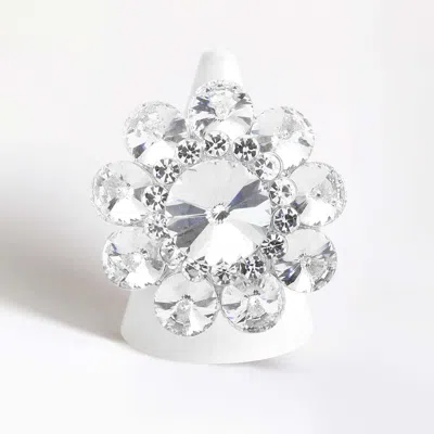 Fashnzfab Round Crystal Flower Stretch Ring In Silver