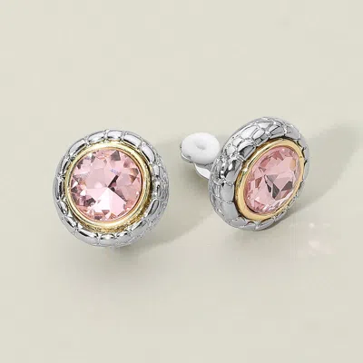 Fashnzfab Round Crystal Frame Clip On Earrings In Pink