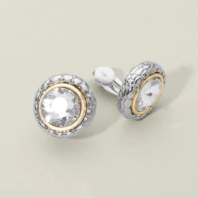 Fashnzfab Round Crystal Frame Clip On Earrings In Silver