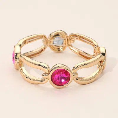 Fashnzfab Round Crystal Hammered Metal Open Oval Stretch Bracelet In Red