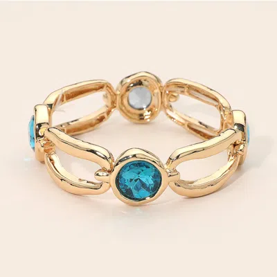 Fashnzfab Round Crystal Hammered Metal Open Oval Stretch Bracelet In Blue