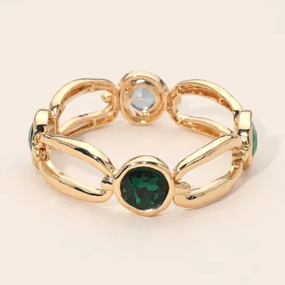 Fashnzfab Round Crystal Hammered Metal Open Oval Stretch Bracelet In Green