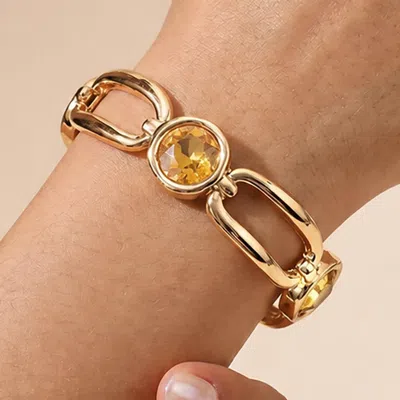 Fashnzfab Round Crystal Hammered Metal Open Oval Stretch Bracelet In Yellow