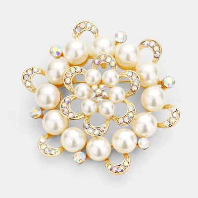 Fashnzfab Round Crystal Pearl Flower Pin Brooch In Silver