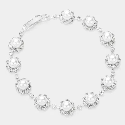 Fashnzfab Round Crystal Rhinestone Pearl Rosette Evening Bracelet In Silver