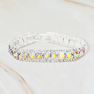 Fashnzfab Round Crystal Rhinestone Trim Evening Bracelet Ab, Silver In Metallic